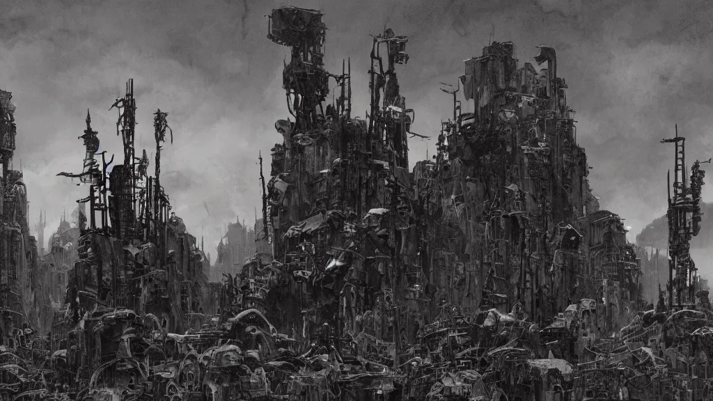 Image similar to group of survivors, post apocalypse remnants of civilization, machines, bleak, eerie atmospheric, by tsutomu nihei, gerald brom and vincent di fate, epic cinematic matte painting