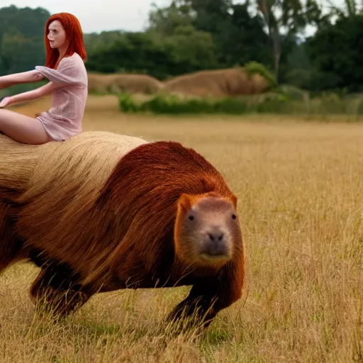 Prompt: cinematic shot of a thin ginger woman riding on top of a giant capybara in a field, 8k, dslr, detailed and realistic face,