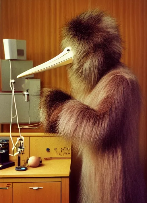 Image similar to realistic photo of a a hairy furry fluffy birdman, very long beak, in a living room sci - fi laboratory with many wooden gadgets made of wood interior is made of wood 1 9 9 0, life magazine reportage photo, natural colors