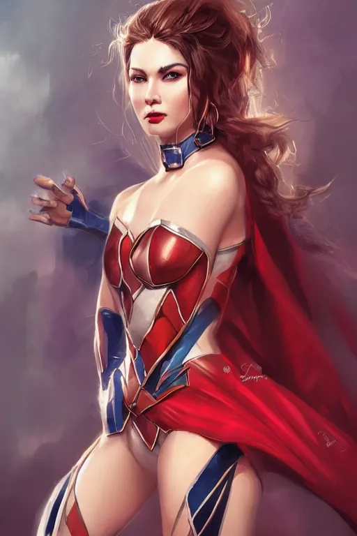 Image similar to three quarters portrait pose of a beautiful woman,super hero costume,heroic pose,highly detailed, digital painting,illustration, art by Stanley Lau