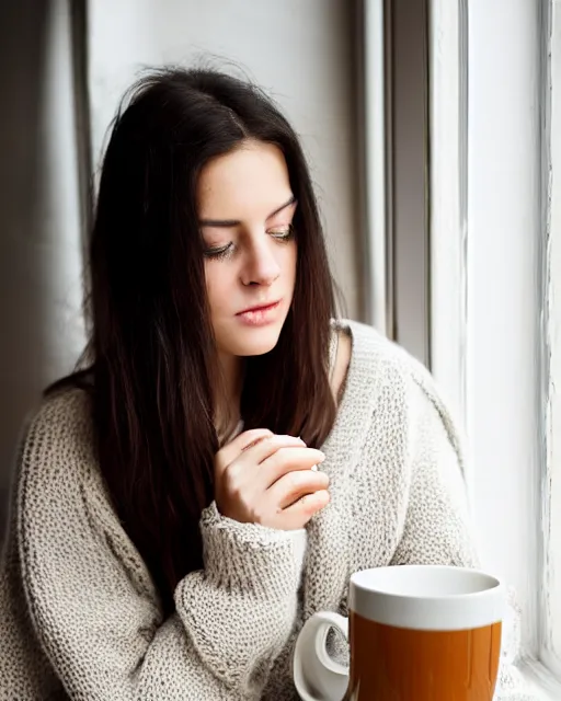 Prompt: a cozy photograph of a pretty french girl with dark hair, wearing a loose oversized white sweater, cuddled up by a windowsill looking at the camera over her mug of hot tea. dramatic lighting, fantasy, intricate, elegant, highly detailed, lifelike, photorealistic, Sigma 1.6, 50mm, bokeh, HDR, high resolution, artstation, concept art, smooth, sharp focus, art by John Collier and Albert Aublet and Krenz Cushart and Artem Demura and Alphonse Mucha