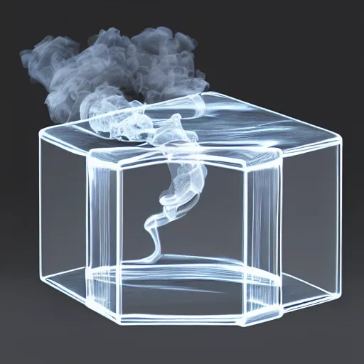 Prompt: transparent 3 d glass cube filled with smoke on black background, realistic 8 k