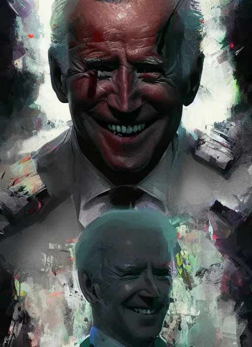 Prompt: Joe Biden grinning all powerful emperor of the world, high contrast, cosmic horror, abstract, masterpiece, trending on ArtStation, by Greg Rutkovski and by Craig Mullins and by David Cronenberg and by Ismail Inceoglu, dark