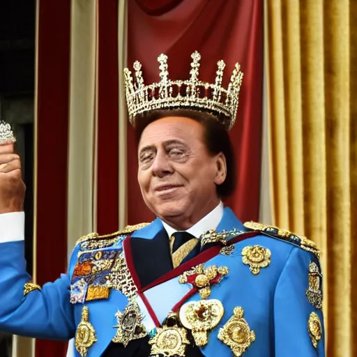 Image similar to Silvio Berlusconi Is crowned queen of England, photo-realistic, 8k, historical photo