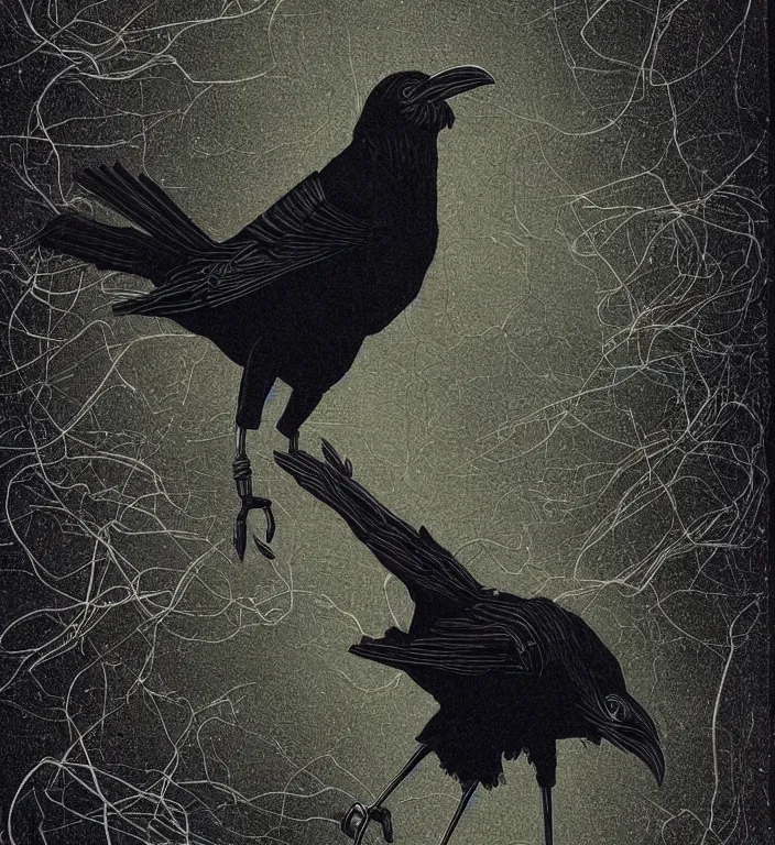 Prompt: a raven bird robot growing neurons all across its shiny metal shell, romanticism portrait