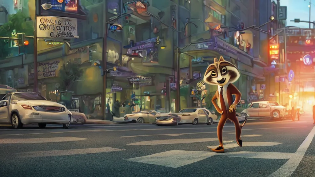Prompt: An anthropomorphic raccoon businessman is walking down a busy crosswalk at sunset, warm lighting with an orange glow blanketing the cityscape, zootopia, other anthropomorphic characters are walking by him, extremely detailed, HDR, sideview, solemn and moody, many cars and animal people in the background, detailed face and eyes, visible pupils, the ground is wet with many rain puddles, reflections from the water on the ground