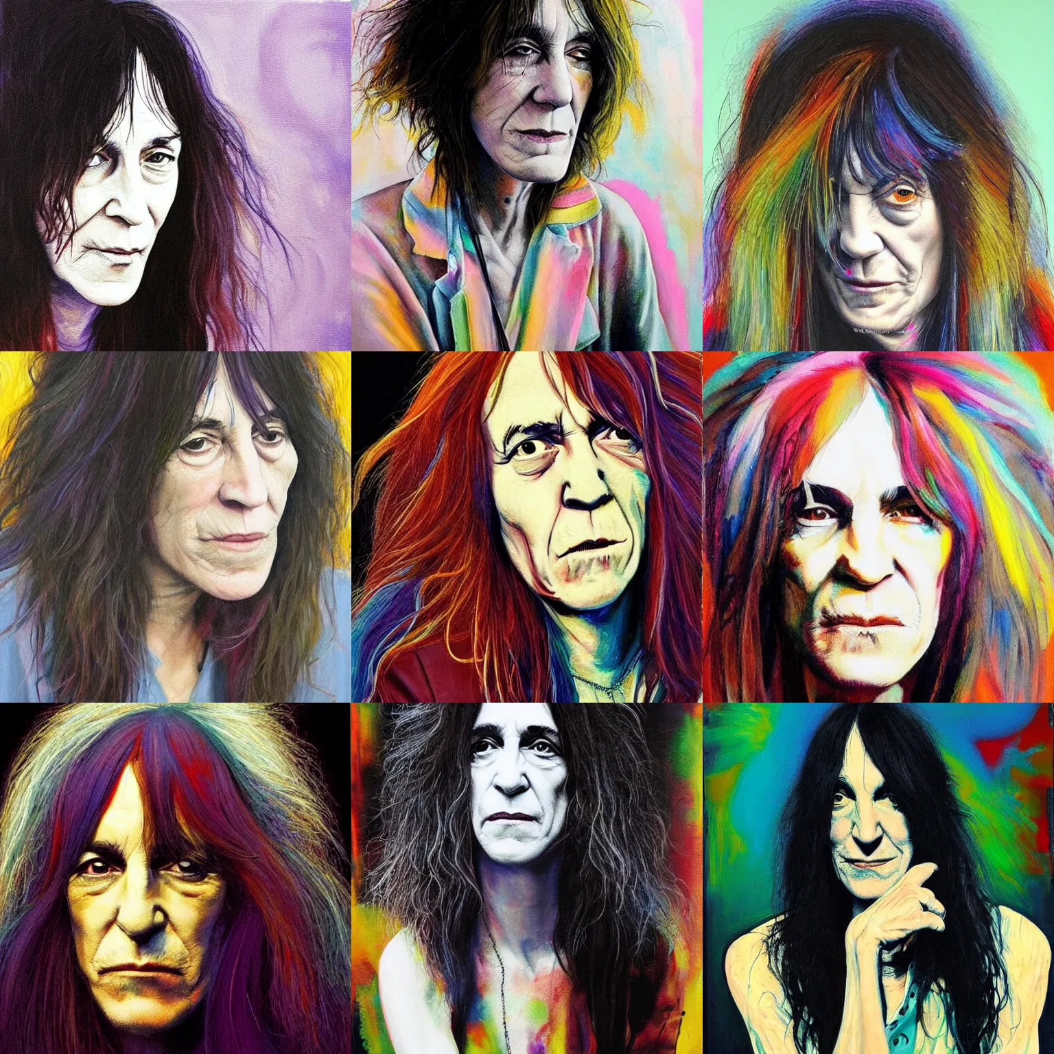 Prompt: Patti Smith, smooth painting, art, detailed, colorful, smiling, beautiful hair, deep look, intense atmosphere