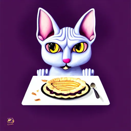 Image similar to an anthropomorphic sphynx cat fursona with big eyes eating a slice of blueberry pie, furry art, cute, oil on canvas, soft lighting