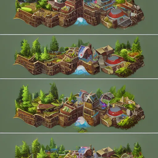 Prompt: Nine separated 64 bits 32 bits art ,HD, 8k, antialized, props containing trees, houses, box, treasures, bricks, castle, from a game asset concept by Jen Zee, Rossdraws, James Jean, Andrei Riabovitchev, 2d side scrolling game , and Sakimichan, trending on artstation , assets