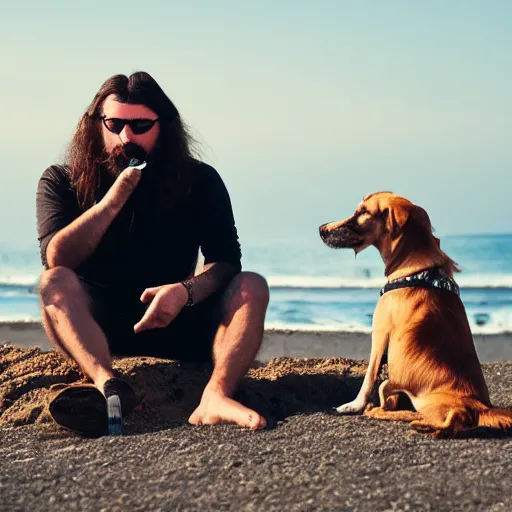 Prompt: bearded italian man with long hair smoking a cigarette on the beach, sitting next to his dog