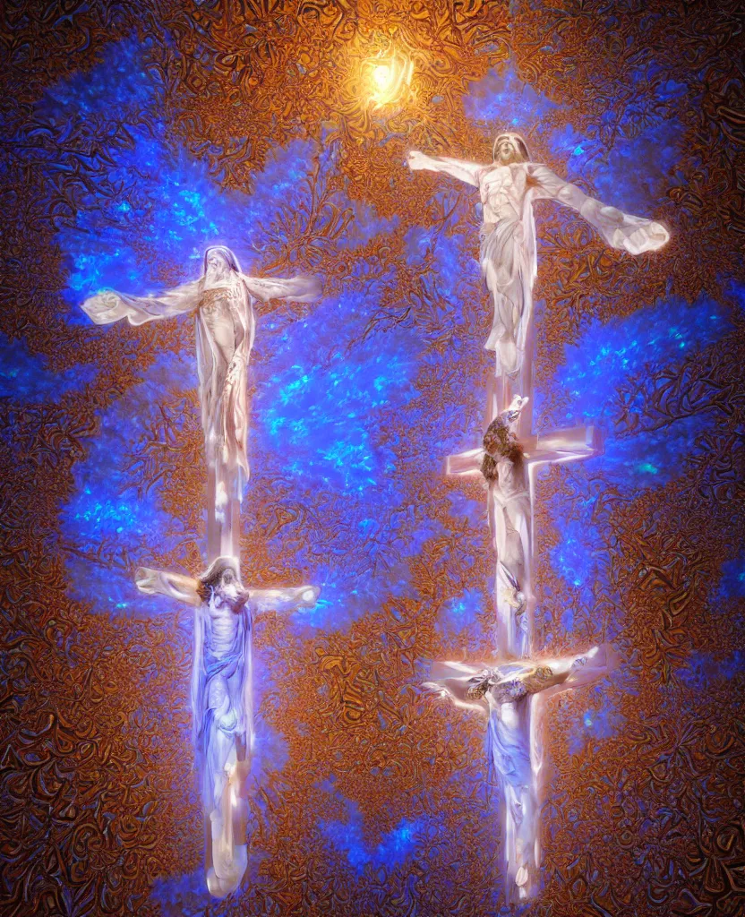 Prompt: a crystalline 3 d mandelbulb fractal in the shape of jesus christ on the cross, bioluminescent opal, fractal, magnificent lighting, ethereal, ray tracing, octane, holographic