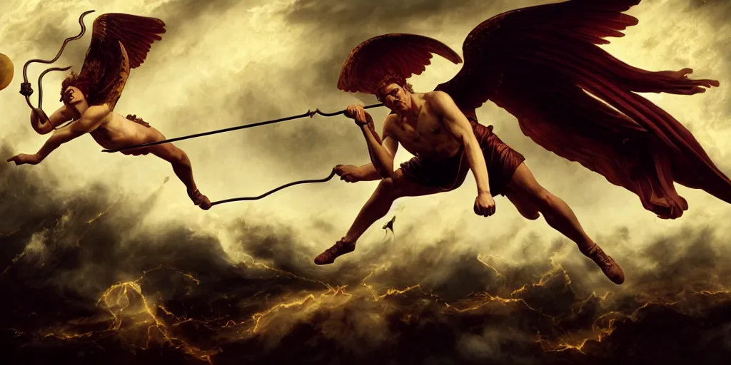 Prompt: Icarus trying to catch a quidditch, by Rolf Armstrong and Evelyn De Morgan and Bastien Lecouffe-Deharme, dramatic lighting, high contrast colors, baroque, empyrean, panoramic view, as trending on Artstation, highly detailed, doom engine,