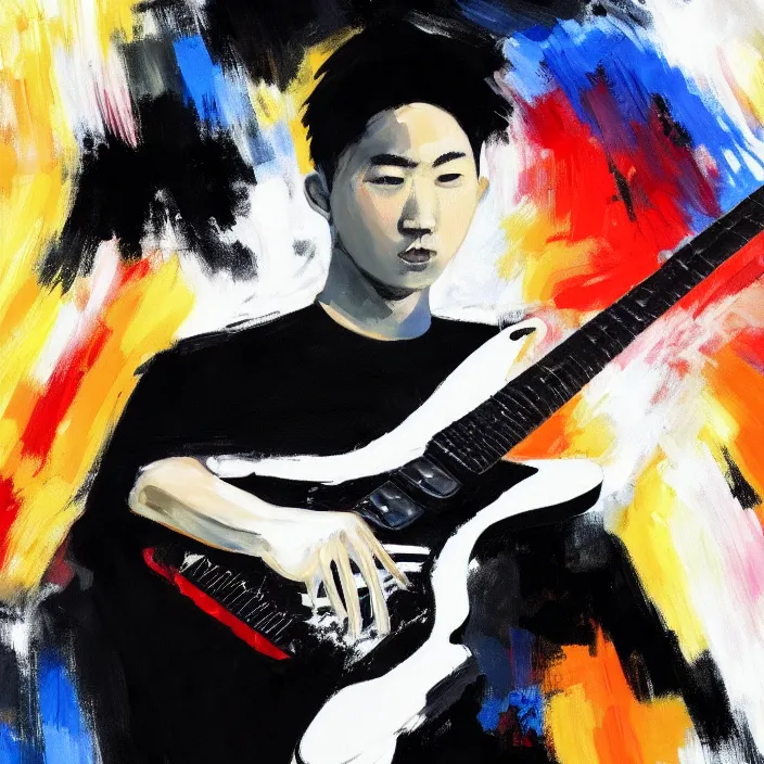 Image similar to large diagonal brush strokes, abstract dark painting of a young korean male musician wearing black tank top holding a telecaster!!! electric guitar!! in a dark room, thick flowing dramatic brush strokes, matte colors, abstract, impressionist, movement, trending on artstation