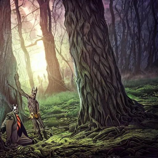 Image similar to batman meets groot in the woods digital art 4 k detailed super realistic