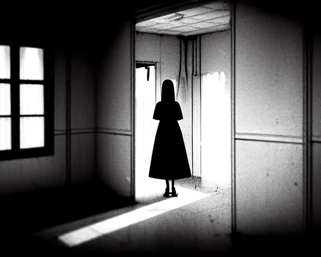 Prompt: creepy woman wearing white dress standing in the backrooms, psychological horror, the eerie forlorn atmosphere of a place that's usually bustling with people but is now abandoned and quiet, buzzing fluorescent lights above the ceiling, unsettling images, liminal space, dark