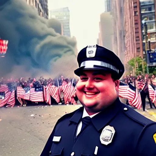 Image similar to chubby cop takes a smiling selfie in front of a riot, high detail, full focus, time magazine 2 0 2 2