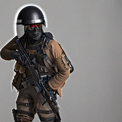 Image similar to futuristic insurgent wearing black helmet glossy visor, brown cloak, technical vest with tubing, and a backpack, photorealistic, digital art , red tint