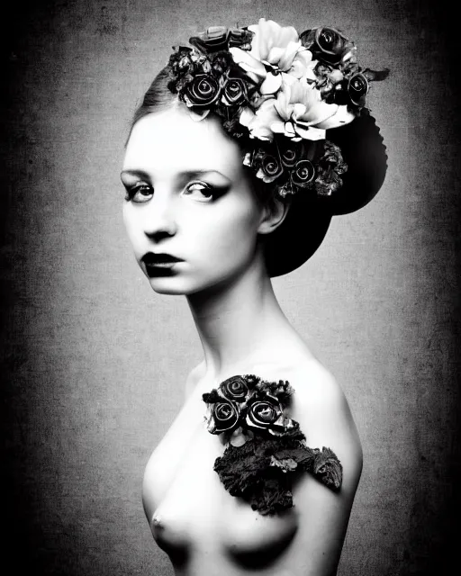 Image similar to a black and white high quality dreamy photo of a young beautiful female queen-pale dragon-vegetal-many big steampunk flowers-cyborg bust with a very long neck, elegant, highly detailed, poetic, soft, dreamy, mysterious, high fashion, in the style of Diane Arbus, Realistic, Refined, Digital Art, Highly Detailed, Cinematic Lighting, rim light, black and white, photo-realistic, 8K