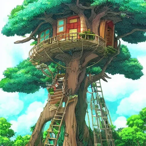 Prompt: tree house made by Studio Ghibli highly detailed art, beautiful scene, sharp focus, smooth, 8k, anime art