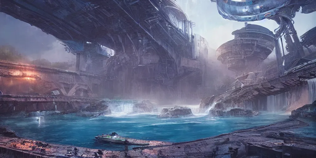 Prompt: alien spacecraft hovering over beautiful pool waterfalls surrounded by alien robots, steel archways, industrial buildings, rusty metal towers, sun setting, ross tran, fantasy, james jean, cinematic lighting, digital painting, octane render