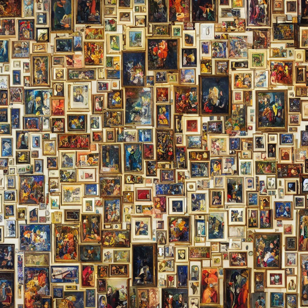 Image similar to a wall with a collage of world's six most expensive paintings