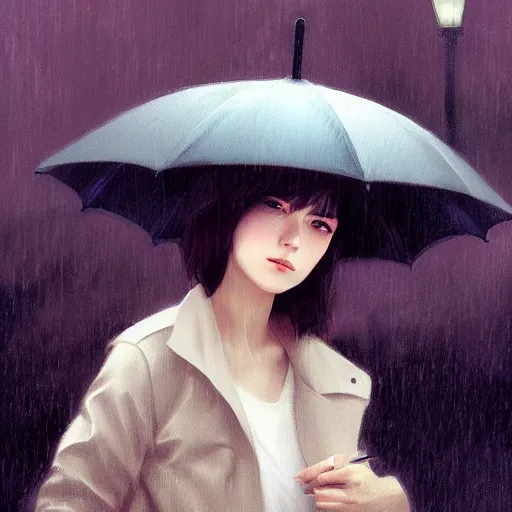 Image similar to A ultradetailed beautiful portrait panting of a stylish girl with an umbrella, rainy day, Oil painting, by Ilya Kuvshinov, Greg Rutkowski and Makoto Shinkai