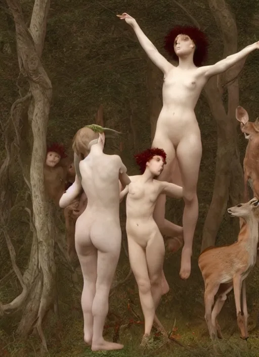 Image similar to photo of a pagan nymps dancing with fawns having a profound lifechanging psychedelic experience in a deep thorns bones bloody forest , by william-adolphe bouguereau and Austin Osman Spare and Takato Yamamoto, high resolution, rendered in octane 3d