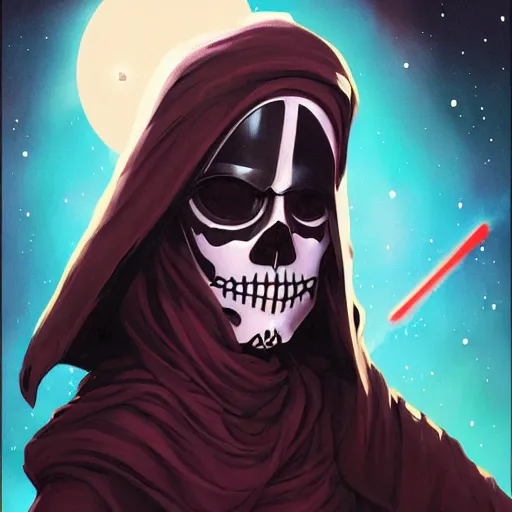 Prompt: star wars portrait of a girl skull face, in the style of artgerm, charlie bowater, atey ghailan and mike mignola, vibrant colors and hard shadows and strong rim light, plain background, comic cover art, trending on artstation
