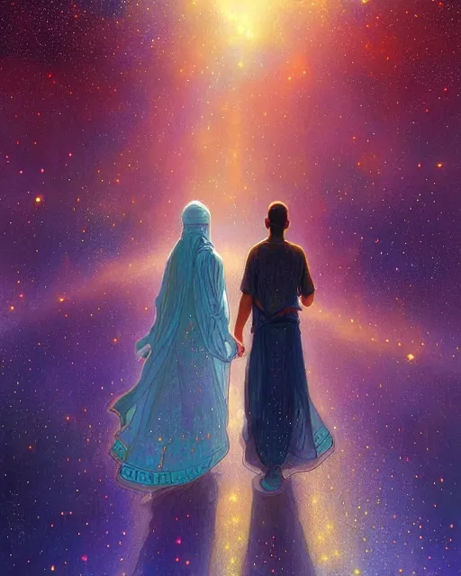 Image similar to bedouin man and woman and child in galaxy walking towards mosque surrounded by nebula, highly detailed, gold filigree, romantic storybook fantasy, soft cinematic lighting, award, disney concept art watercolor illustration by mandy jurgens and alphonse mucha and alena aenami, pastel color palette, featured on artstation