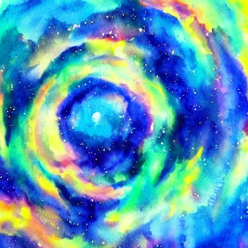 Prompt: the face of god in space. the face of god. watercolor. vibrant. amazing painting. beautiful. high resolution. highly realistic. cool tones. close - up.