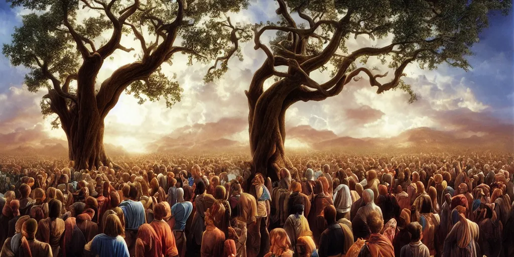 Image similar to crowd mourning for the death of the tree of life Michael Whelan by Jeff Easley photorealistic by Edmonia Lewis, cinematic, coherent, realistic faces, clear, detailed, intricate, dramatic lighting, establishing shot, 8k resolution