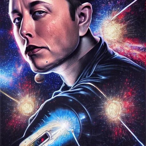 Prompt: UHD hyperrealistic photorealisitc detailed image of cosmic Elon Musk with sparking, busted, broken cybernetic implants by Ayami Kojima Amano Karol Bak, Greg Hildebrandt and Mark_Brooks