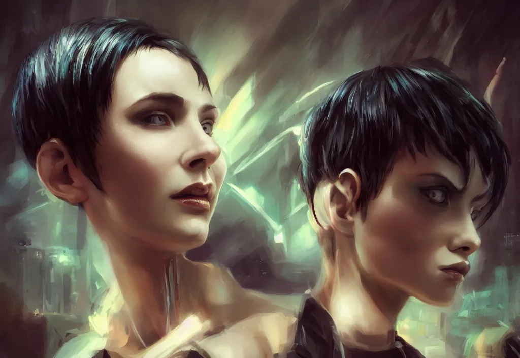 Image similar to a portrait of a beautiful girl, small horns on her head, short black hair, pixie cut, cyberpunk style, futuristic, realism, wide shot, dramatic lighting, digital art, 8k resolution, high detail, by Boris Vallejo, by Alina Ivanchenko, Alessio Albi and Shin JeongHo