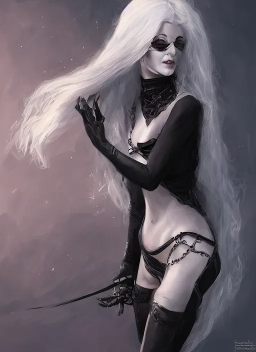 Prompt: a highly detailed illustration of white haired pale lady wearing black blindfold, dramatic standing pose, intricate, elegant, highly detailed, centered, digital painting, artstation, concept art, smooth, sharp focus, league of legends concept art, wlop