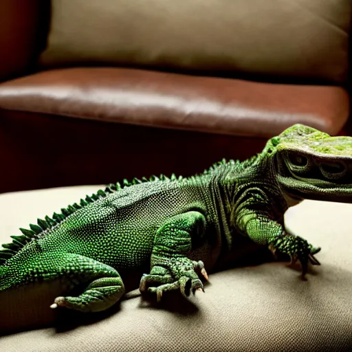 Image similar to humanoid reptile sitting on a couch, National Geographic photo, coherent like Dall-E 2