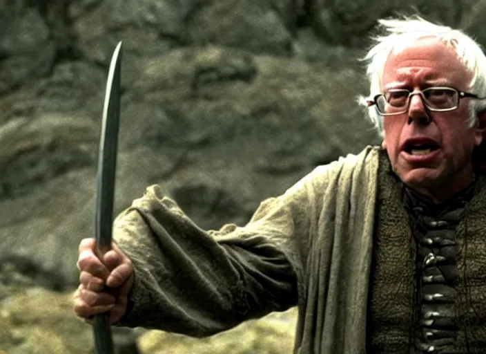 Image similar to film still of bernie sanders as aragorn in lord of the rings movie, 8 k