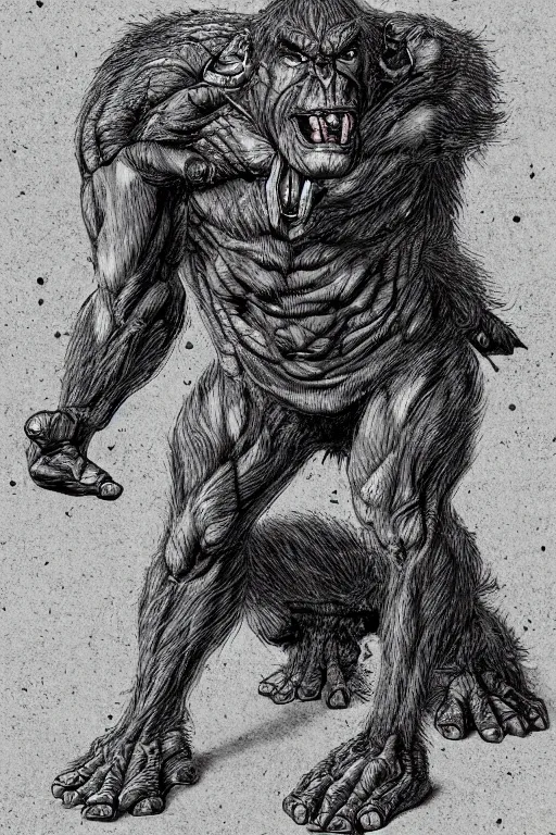 Image similar to humanoid hunched figure troll with 1 horn, ogre, ape, highly detailed, digital art, sharp focus, trending on art station, kentaro miura manga art style