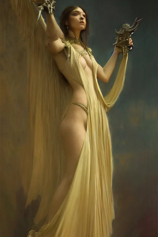 Image similar to a full body portrait of a demon girl wearing gown, high detail, cleary see face, by gaston bussiere, bayard wu, greg rutkowski, odd nerdrum, maxim verehin, dan dos santos, masterpiece, sharp focus, cinematic lightning