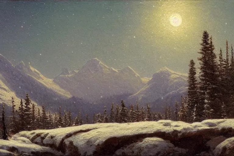 Image similar to mountains, trees, beautiful nature, winter, night, stars, snow, very detailed, focused, oil painting, colorful, canvas, artstation, Sydney Mortimer Laurence, Albert Bierstadt, Theodor Kittelsen, Hans Dahl, Konstantin Yakovlevich Kryzhitsky