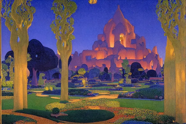 Prompt: beautiful garden at twilight by Maxfield Parrish and Nicholas Roerich and jean delville, glowing paper lanterns, strong dramatic cinematic lighting , ornate tiled architecture, lost civilizations, smooth, sharp focus, extremely detailed