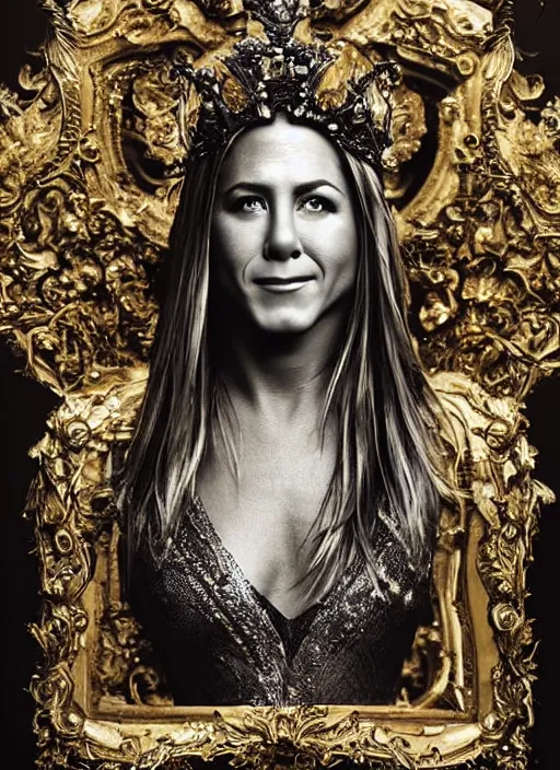 Prompt: a portrait of jennifer aniston by stefan geselle and nekro borja, photorealistic, intricate details, hyper realistic, fantasy, elegant, baroque gold headpiece, photorealistic, canon r 3, photography, wide shot, symmetrical features, symmetrical pose, wide angle shot, head to toe, standing pose, feet on the ground, wearable art