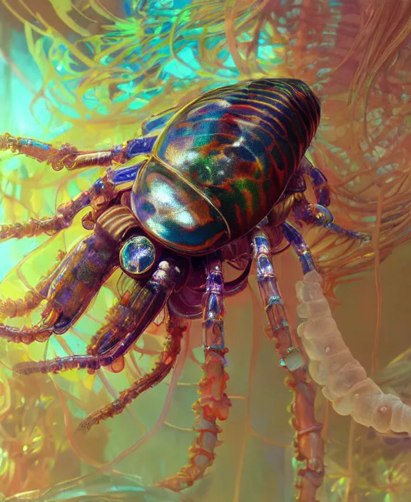 Prompt: opulent colorful transparent clear see - through portrait of a terrifying beautiful male alien isopod cyborg, mottled coloring, adorable, childlike, overgrown biopunk jungle environment, ultra realistic, concept art, art nouveau, photorealistic, octane render, 8 k, unreal engine. art by christopher marley and artgerm and greg rutkowski and alphonse mucha