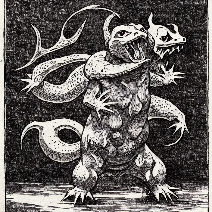 Image similar to charmander, as a demon from the dictionarre infernal, pen - and - ink illustration, etching by louis le breton, 1 8 6 9, 1 2 0 0 dpi scan, ultrasharp detail, hq scan, intricate details, stylized border