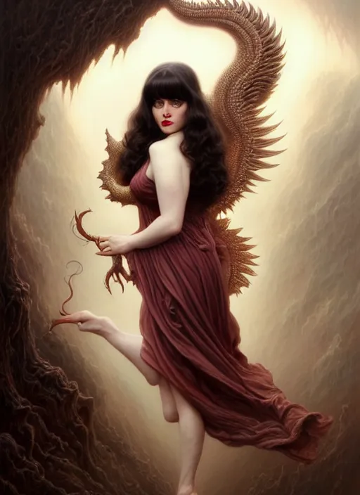 Image similar to zooey deschanel as an devil, aesthetic, fine art, intricate, elegant, highly detailed, realistic hair, centered, digital painting, art station, conceptual art, soft, sharp focus, illustration, artwork, artgerm, tomasz alen kopera, peter mohrbacher, donato giancola, wlop, boris vallejo