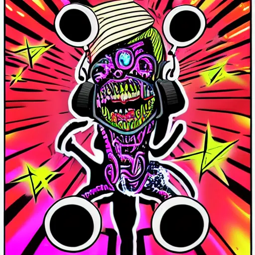 Image similar to artgerm, psychedelic laughing demon, rocking out, headphones dj rave, digital artwork, r. crumb, svg vector