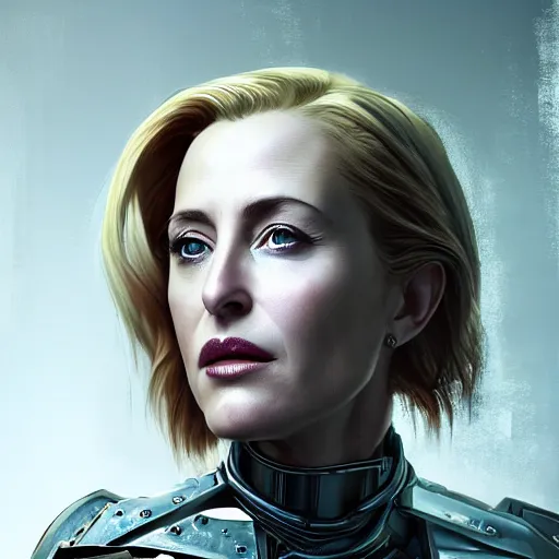 Image similar to gillian anderson portrait, dystopia core, apocalyptic, armor, warrior, dramatic, sharp focus, fiction, neon, fantasy, hyper detailed, digital art, trending in artstation, cinematic lighting, studio quality, smooth render, unreal engine 5 rendered, octane rendered, art style and nixeu and wlop and krenz cushart