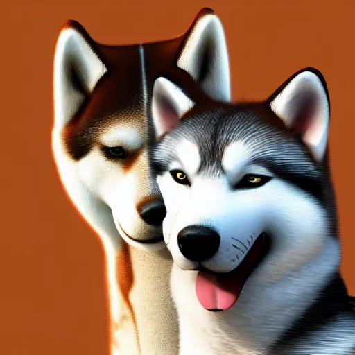 Image similar to a hyperdetailed photograph of a shiba inu hugging a husky malamute in a bright room, hd, 8 k resolution