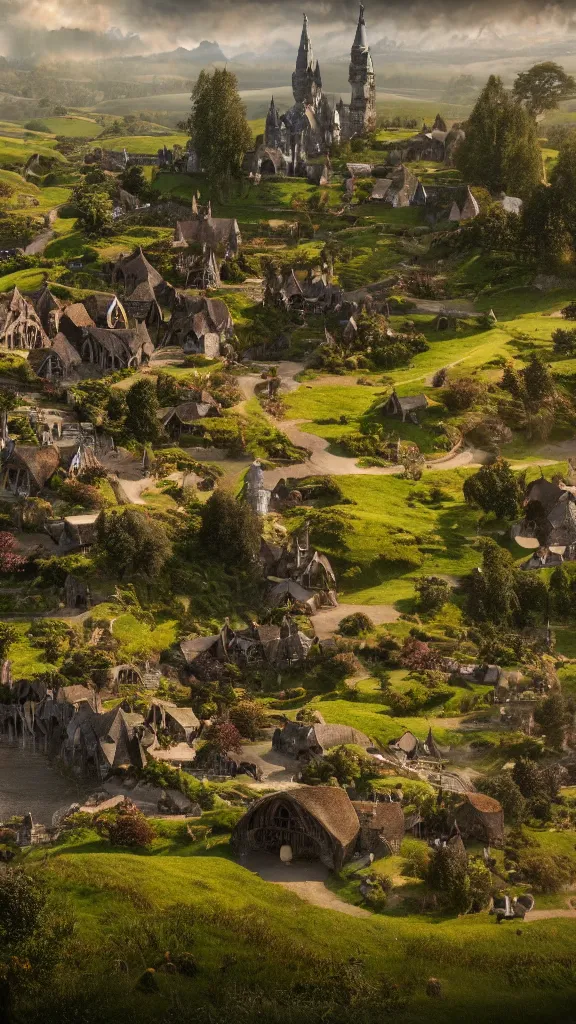 Image similar to a beautiful wide shot of hobbiton, middle earth, alan lee, fromsoftware, elden ring, dark souls, bloodborne, dark fantasy, realistic, highly detailed, 8 k, volumetric lighting, sinister lighting, detailed terrain, concept art, matte painting