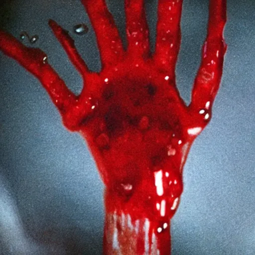 Image similar to filmic extreme closeup movie still 35mm film color photograph of a severed human hand, dripping blood, in the style of a 1980s horror movie