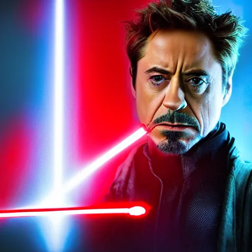 Image similar to Robert Downey Jr holding a red lightsaber dramatically, 4k, very detailed, backlit